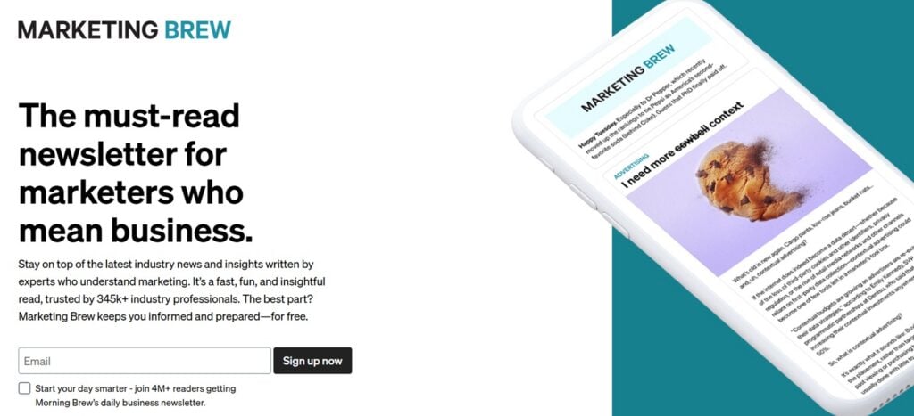 Screenshot of the sign up page for the Marketing Brew's newsletter