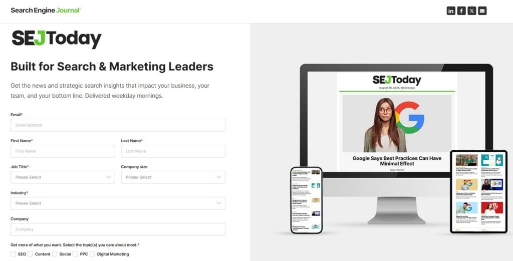 The Search Engine Journal newsletter sign up page