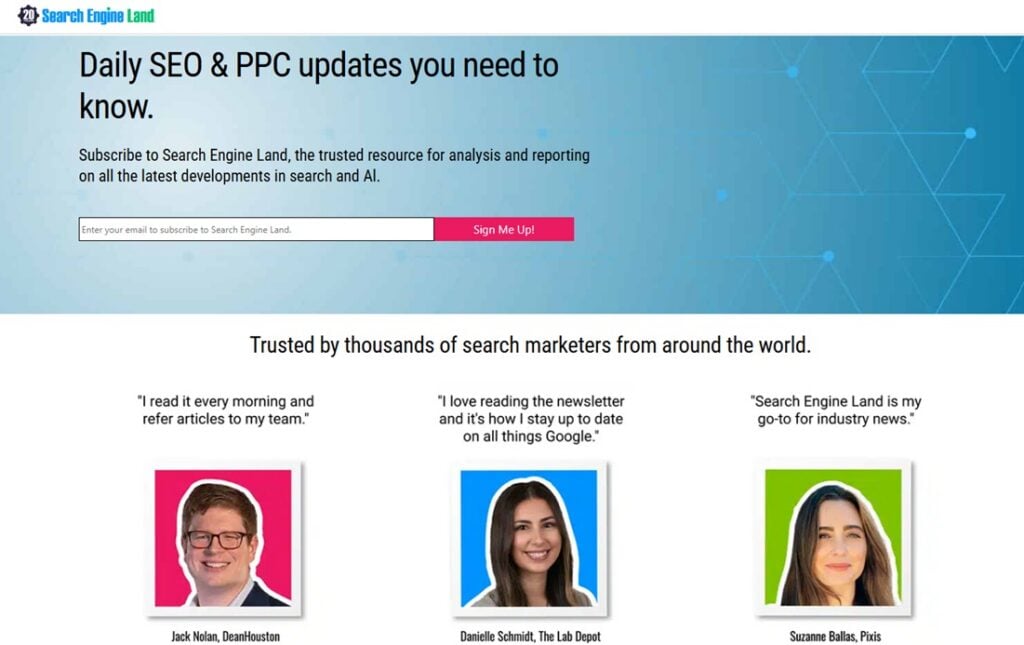 The Search Engine Land newsletter sign up page