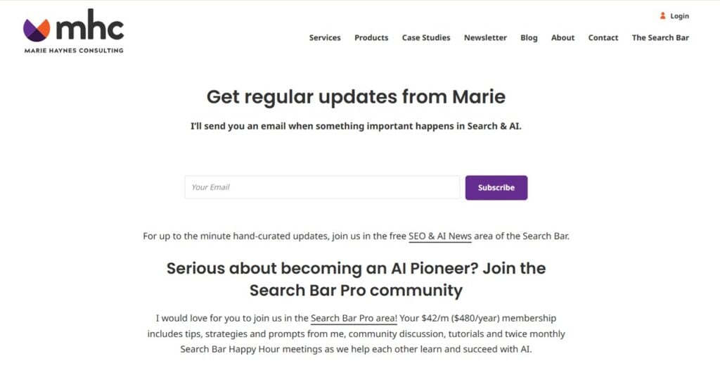 The sign up page for Marie Haynes's Search News You Can Use newsletter