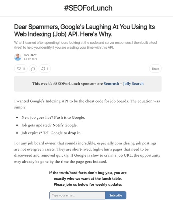 Preview of the #SEOForLunch newsletter