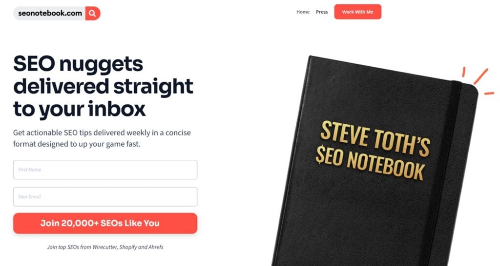 The SEO Notebook newsletter's sign up page