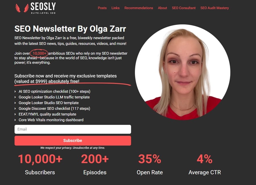 The sign up page for SEO Newsletter by Olga Zarr