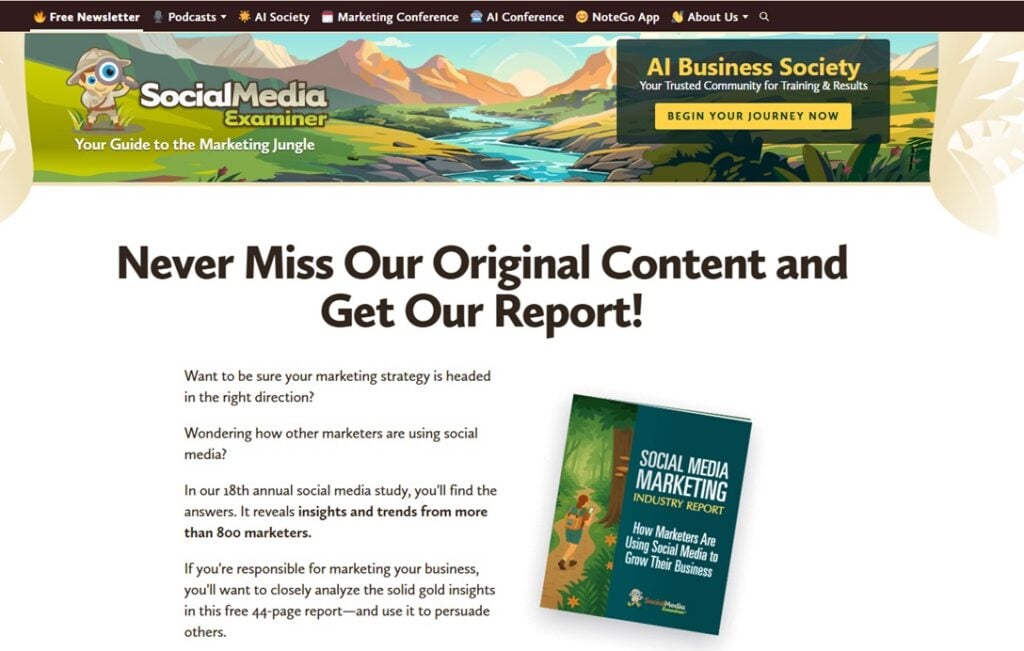 The newsletter landing page of Social Media Examiner