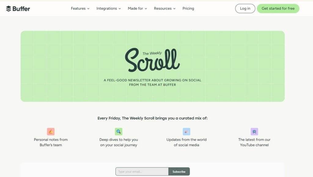 The newsletter landing page for The Weekly Scroll