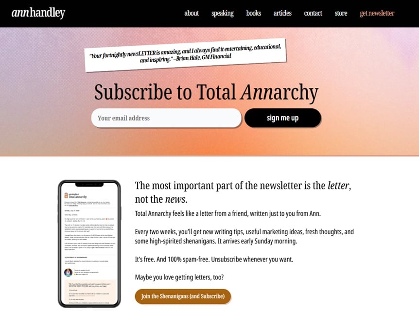 The sign up page for the Total Annarchy newsletter