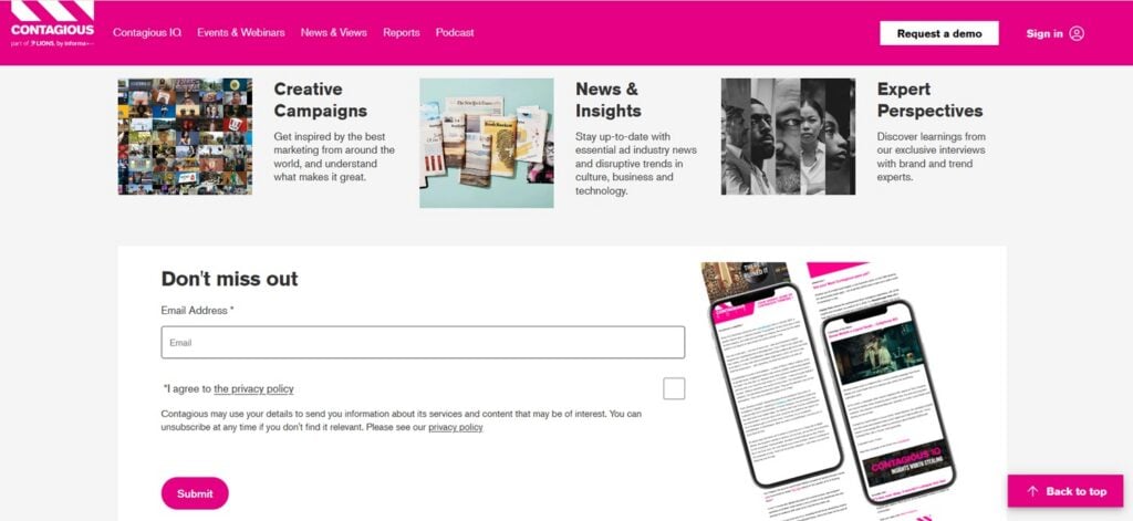 Sign up page for the Contagious Edit newsletter