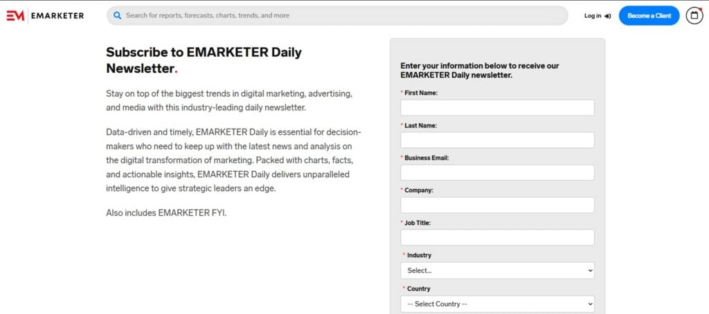 Screenshot of the sign up page of the EMARKETER Daily newsletter