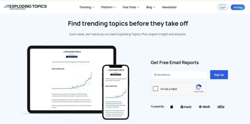 Screenshot of the sign up page for the Exploding Topics newsletter