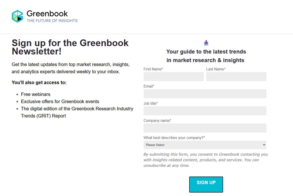 The sign up page for the Greenbook Newsletter