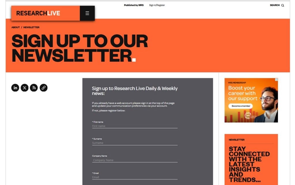 Screenshot of the Research Live newsletter