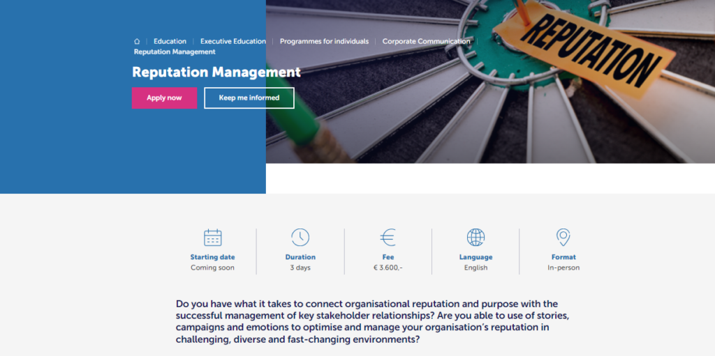 A screenshot of the landing page of Reputation Management course
