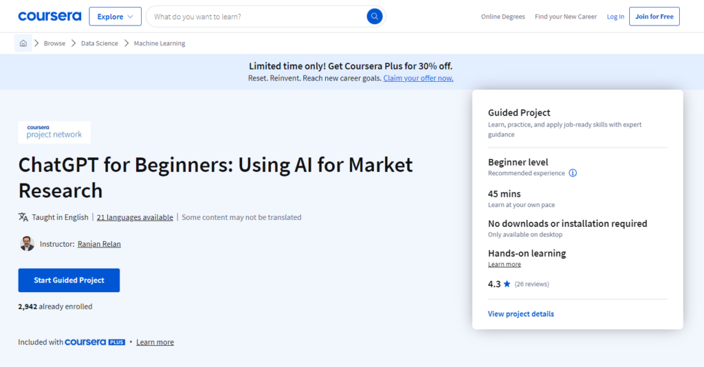 ChatGPT for Beginners: Using AI for Market Research page screenshot