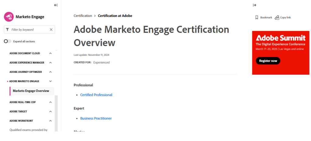 A screenshot of the Adobe Marketo Engage Certification landing page