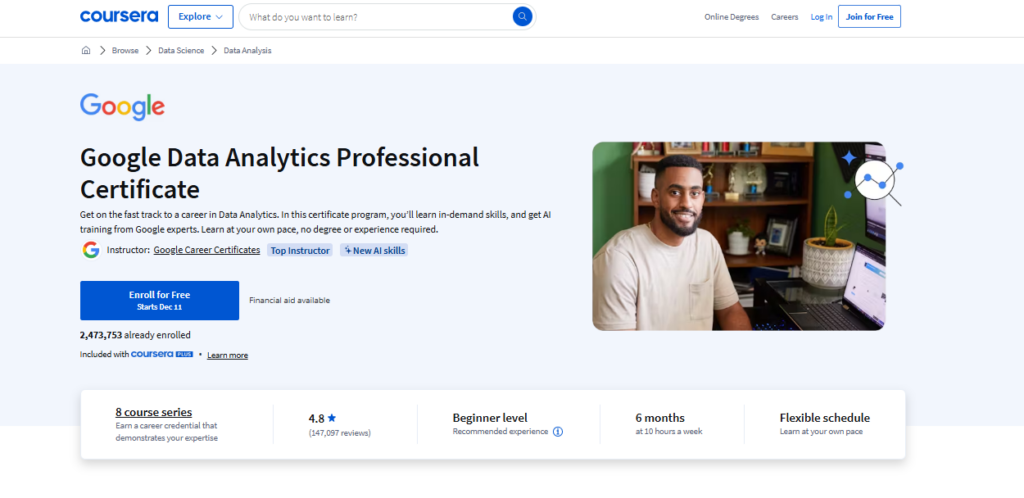 Screenshot of the landing page for the Google Data Analytics Professional Certificate