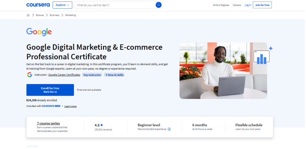 The Google Digital Marketing & E-commerce Professional Certificate landing page