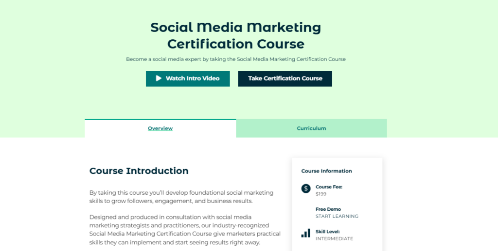 A screenshot of the landing page for the Social Media Marketing Certification Course