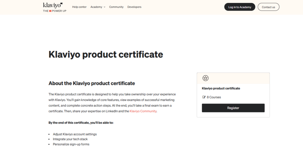 The Klaviyo Product Certification landing page