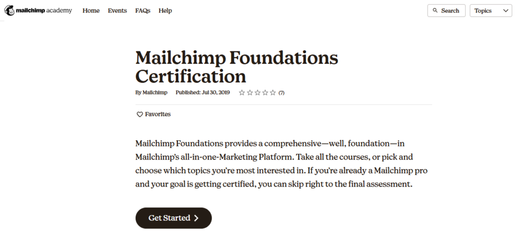 A screenshot of the Mailchimp Foundations, a marketing software certification