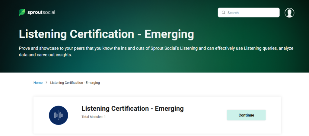 A screenshot of the Sprout Social Listening Certification landing page