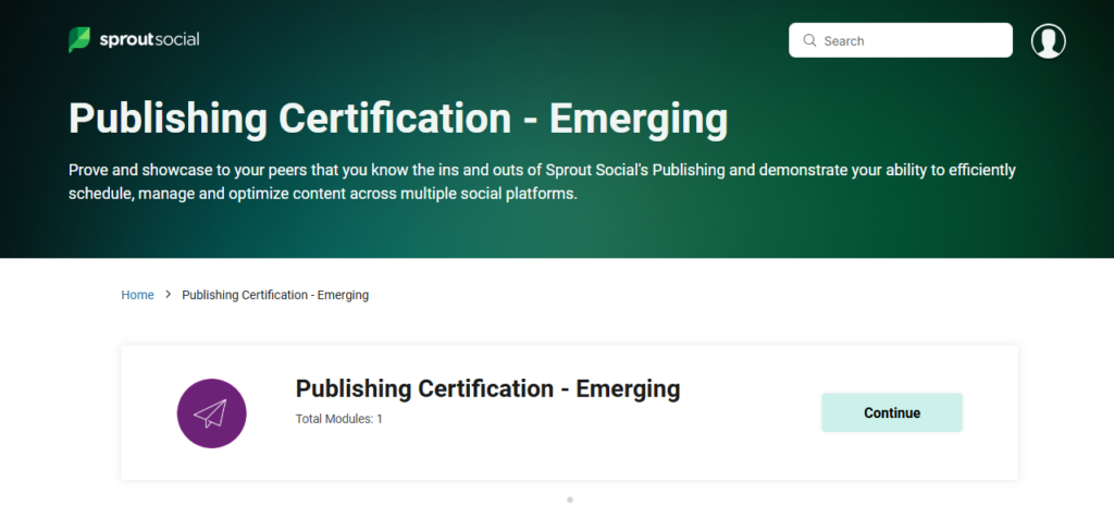The Sprout Social Publishing Certification landing page