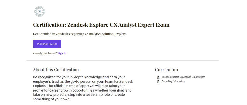 The Zendesk Explore CX Analyst certification landing page