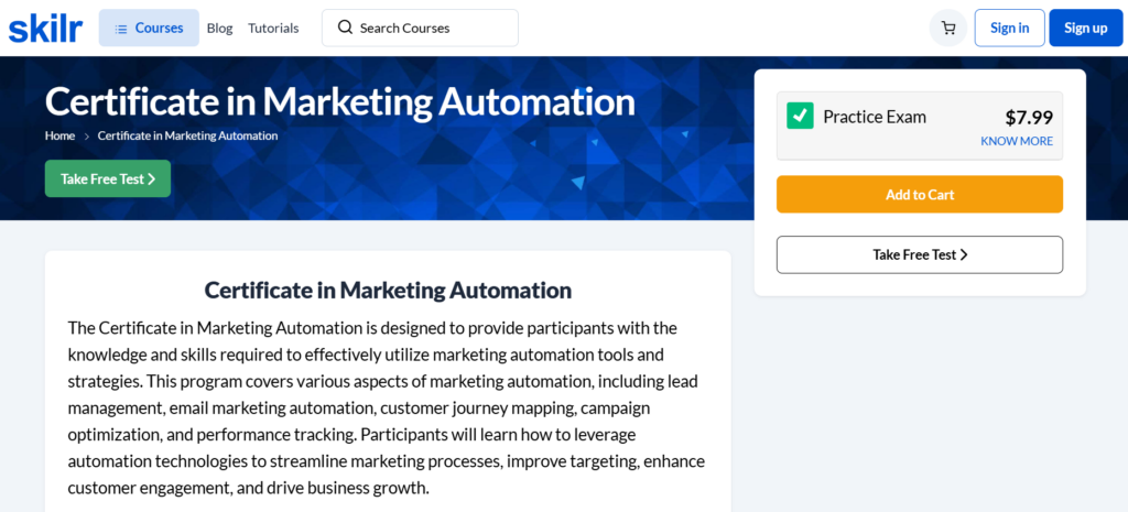 The Certificate in Marketing Automation landing page screenshot