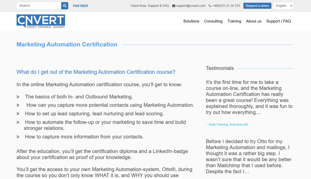 The Marketing Automation Certification landing page screenshot