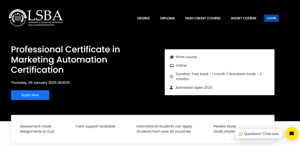 Screenshot of the Professional Certificate in Marketing Automation Certification page