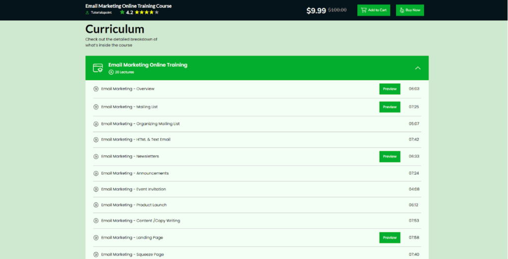 Email Marketing Online Training course curriculum page screenshot