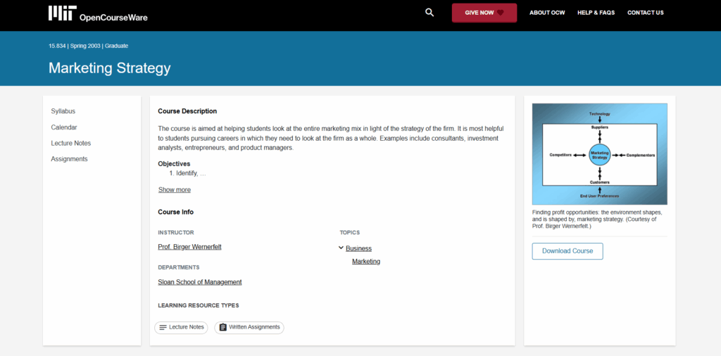 a screenshot of Marketing Strategy (MIT OpenCourseWare) landing page