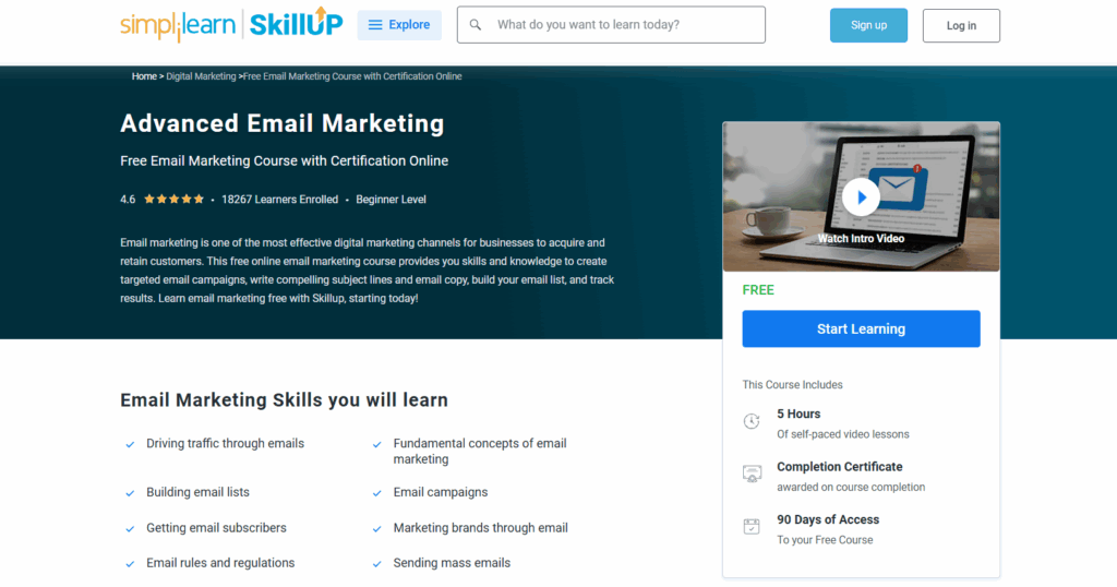 The Advanced Email Marketing course page screenshot