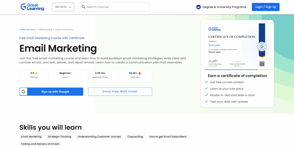 Screenshot of the Email Marketing Course for Beginners page
