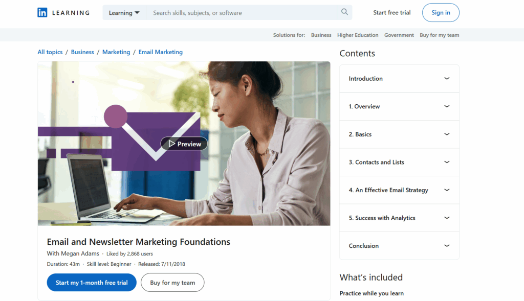 Screenshot of the Email and Newsletter Marketing Foundations course page
