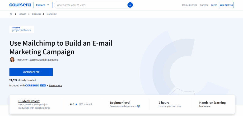 Use Mailchimp to Build an E-mail Marketing Campaign course page screenshot