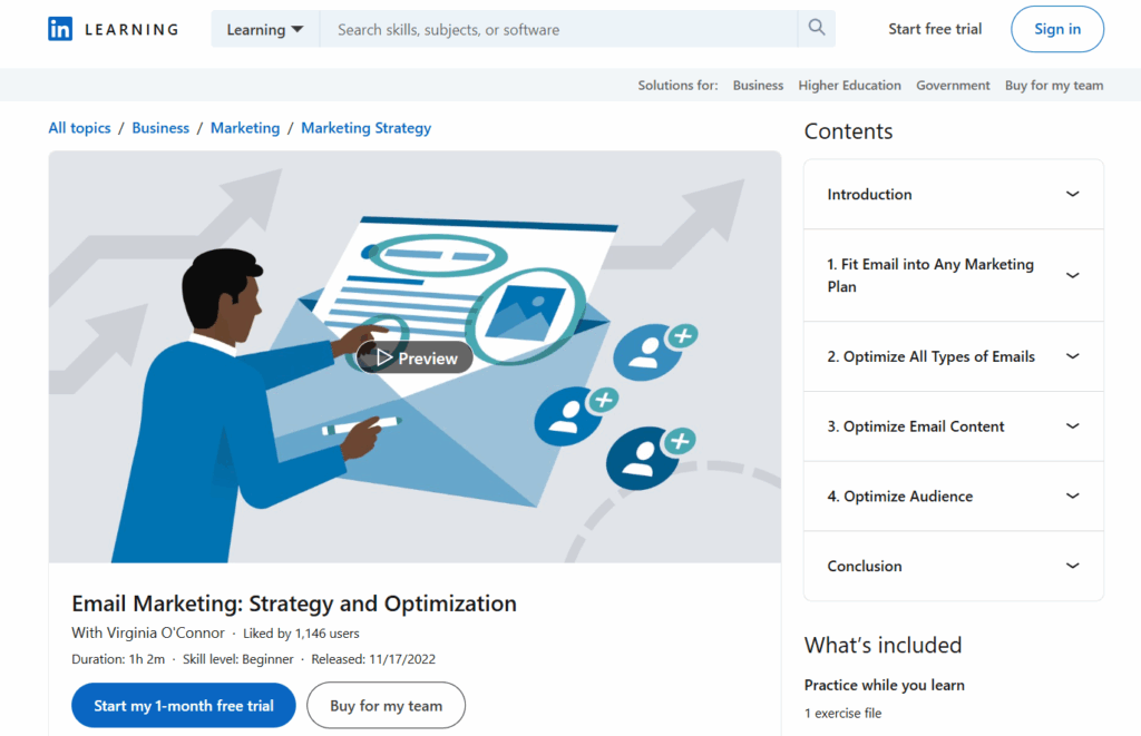 The Email Marketing: Strategy and Optimization course page screenshot