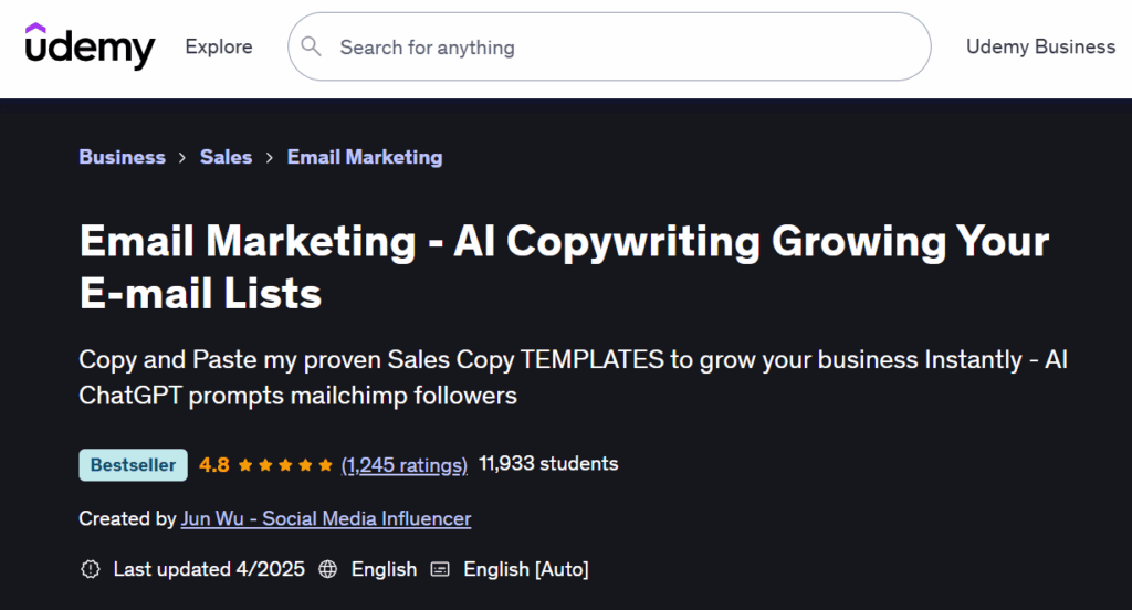 Screenshot of the Email Marketing - Copywriting and Growing Your E-mail Lists course page