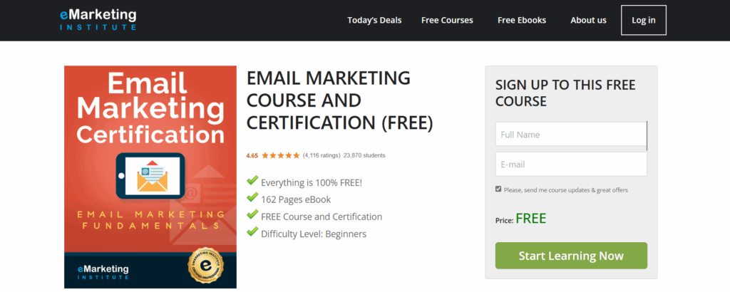 Screenshot of the Email Marketing Certification Course for Beginners landing page