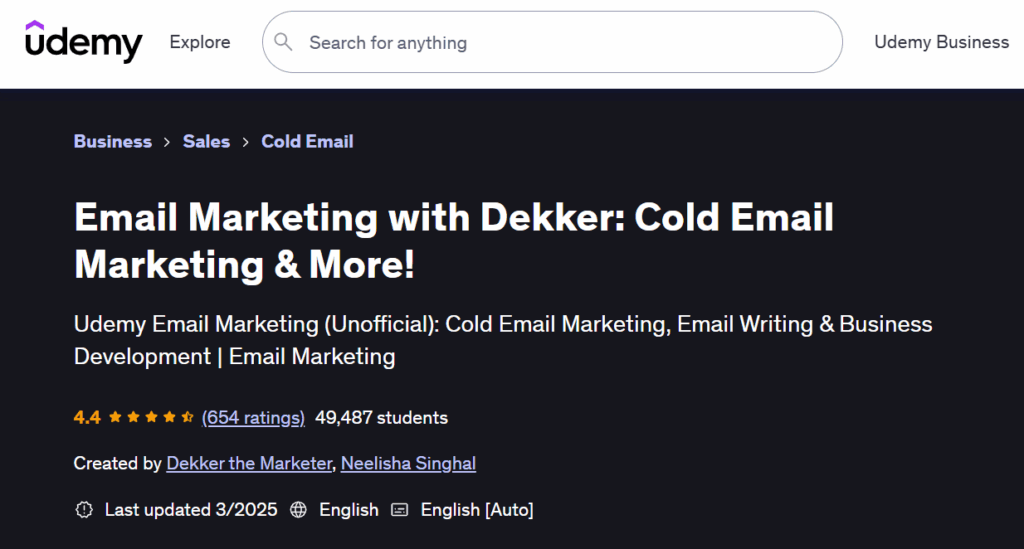 Screenshot of the Email Marketing with Dekker: Cold Email Marketing & More! course page