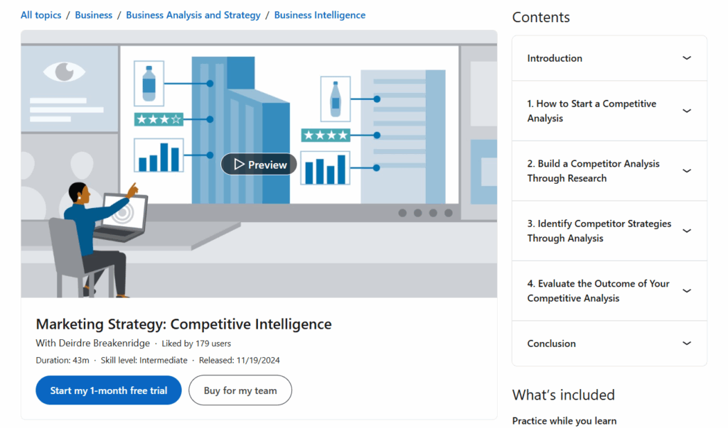 a landing page screenshot of Marketing Strategy: Competitive Intelligence (LinkedIn Learning)