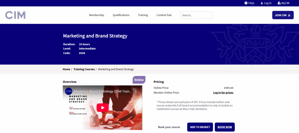 a landing page screenshot of Marketing and Brand Strategy (CIM)