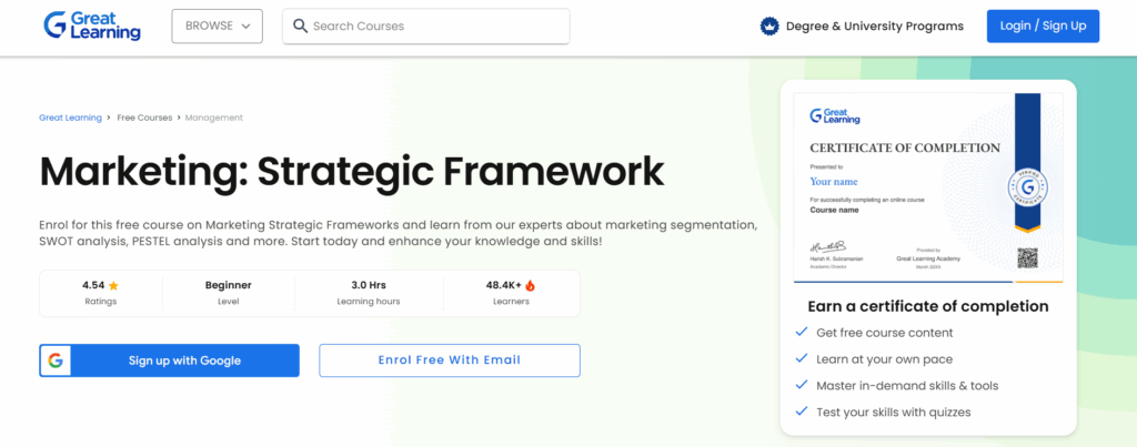 a landing page screenshot of Marketing: Strategic Framework (Great Learning)