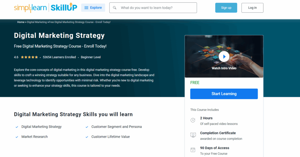 a landing page screenshot of Digital Marketing Strategy (Simplilearn)