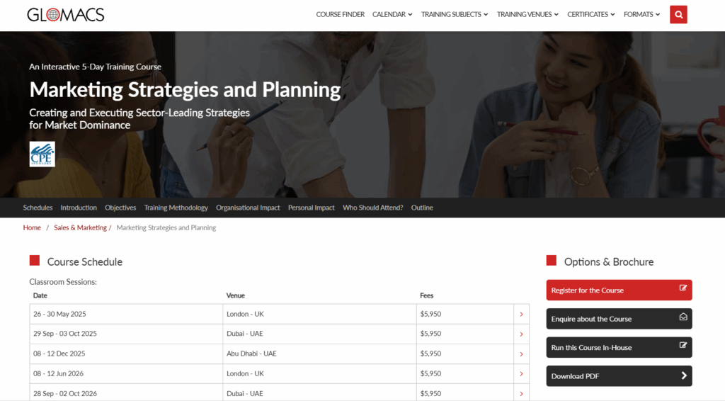 a screenshot of Marketing Strategies and Planning (GLOMACS) landing page