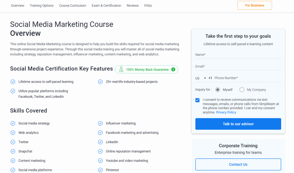 The Advanced Social Media Certification Training Course overview page screenshot