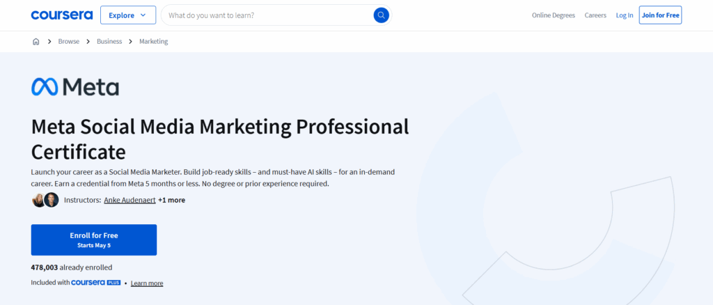 Screenshot of the Meta Social Media Marketing Professional Certificate page
