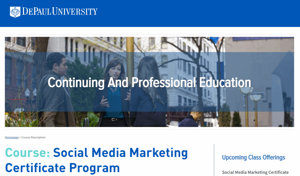 Screenshot of the Social Media Marketing Certificate Program web page