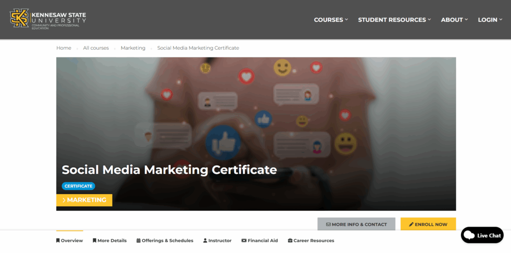 The Social Media Marketing Certificate web page screenshot