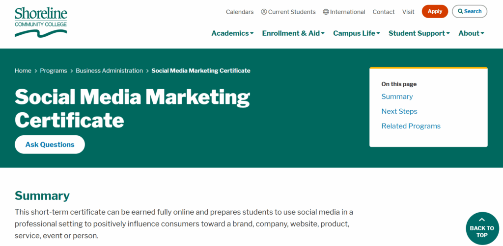Screenshot of the Social Media Marketing Certificatepage