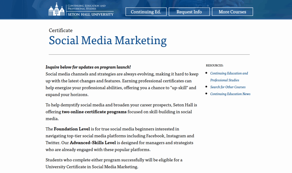 The Social Media Marketing certification page screenshot